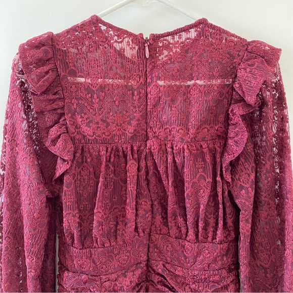 Lace Embroidered Sheer Detail Ruffle Ruched High Waist Mini Dress Maroon Small - Picture 9 of 14